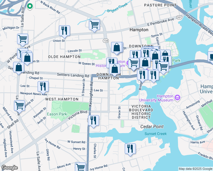 map of restaurants, bars, coffee shops, grocery stores, and more near 218 South Armistead Avenue in Hampton