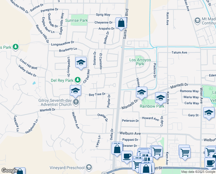 map of restaurants, bars, coffee shops, grocery stores, and more near 1284 Blue Parrot Court in Gilroy