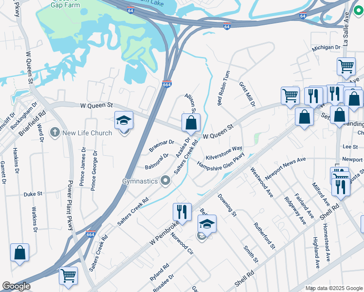 map of restaurants, bars, coffee shops, grocery stores, and more near 6 Azalea Drive in Hampton