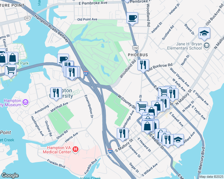 map of restaurants, bars, coffee shops, grocery stores, and more near 118 West County Street in Hampton