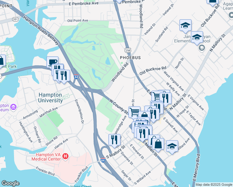 map of restaurants, bars, coffee shops, grocery stores, and more near 121 Frissell Street in Hampton
