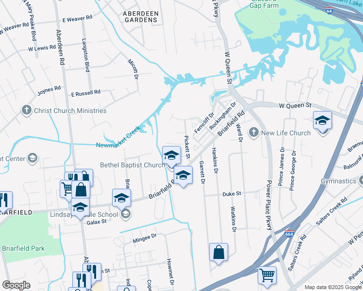 map of restaurants, bars, coffee shops, grocery stores, and more near 16 Pendleton Court in Hampton