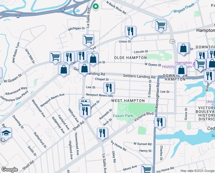 map of restaurants, bars, coffee shops, grocery stores, and more near 610 Lee Street in Hampton