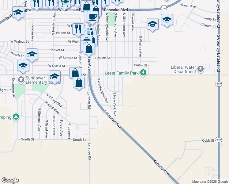 map of restaurants, bars, coffee shops, grocery stores, and more near 300 East Pennsylvania Avenue in Liberal