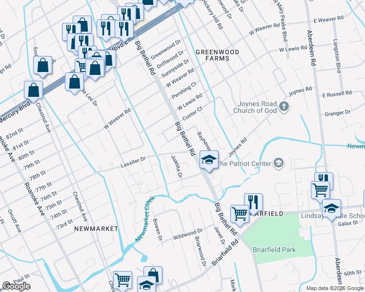 map of restaurants, bars, coffee shops, grocery stores, and more near 122 Lassiter Drive in Hampton