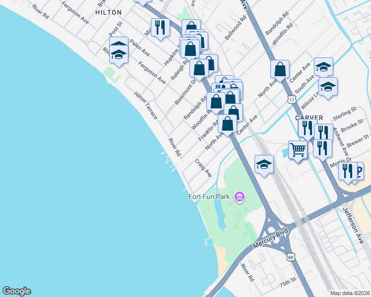 map of restaurants, bars, coffee shops, grocery stores, and more near 24 Franklin Road in Newport News