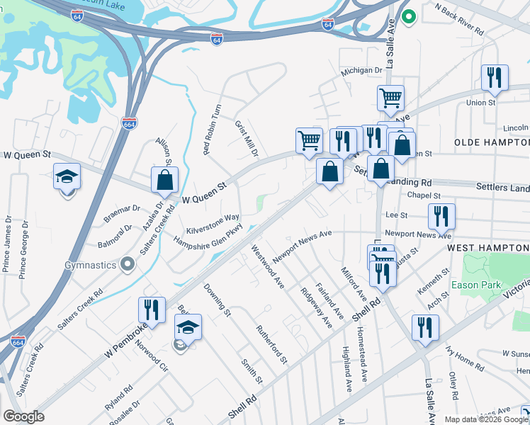 map of restaurants, bars, coffee shops, grocery stores, and more near 41 Kilverstone Way in Hampton