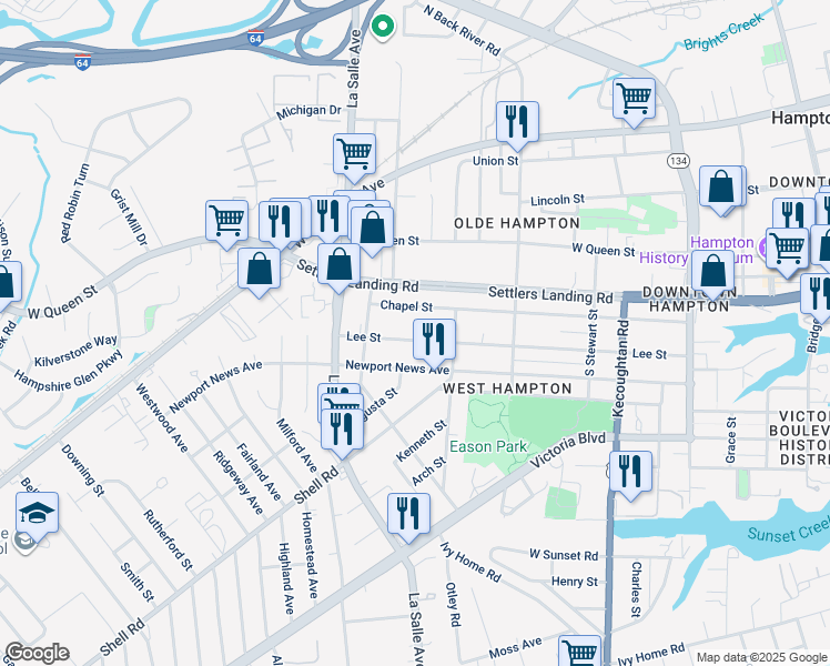 map of restaurants, bars, coffee shops, grocery stores, and more near 616 Lee Street in Hampton