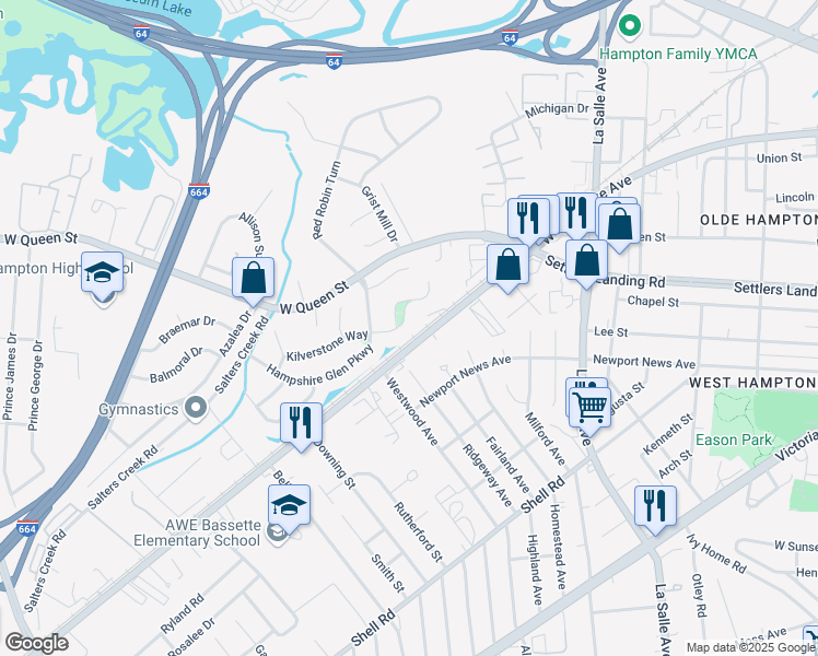 map of restaurants, bars, coffee shops, grocery stores, and more near 41 Kilverstone Way in Hampton