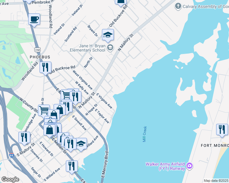 map of restaurants, bars, coffee shops, grocery stores, and more near 710 North Hope Street in Hampton