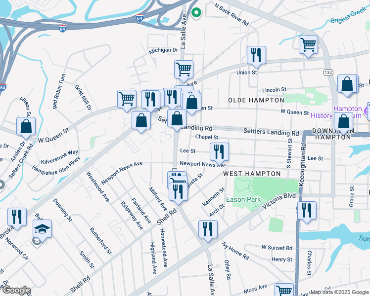 map of restaurants, bars, coffee shops, grocery stores, and more near 702 Lee Street in Hampton