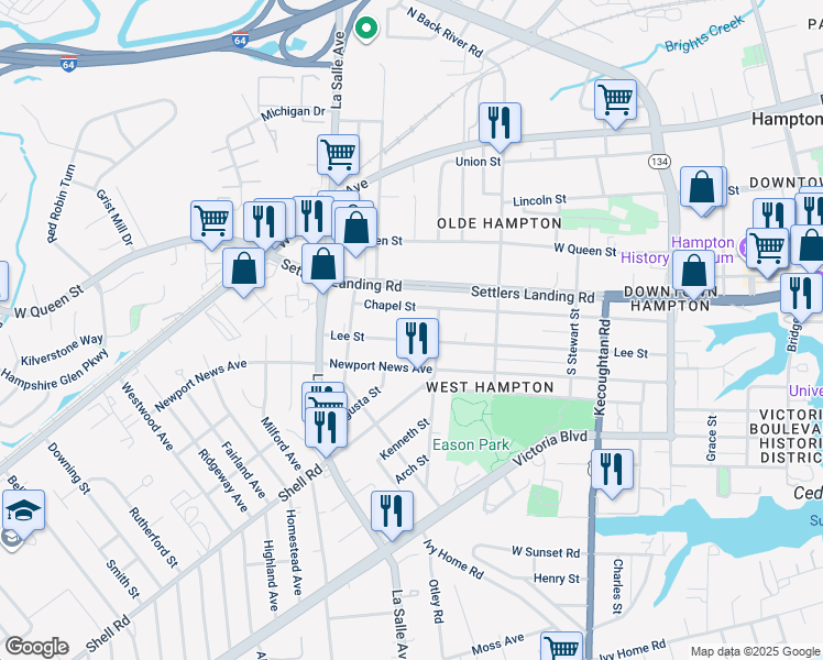 map of restaurants, bars, coffee shops, grocery stores, and more near 610 Lee Street in Hampton