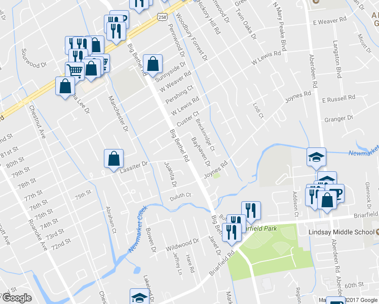 map of restaurants, bars, coffee shops, grocery stores, and more near 120 Big Bethel Road in Hampton