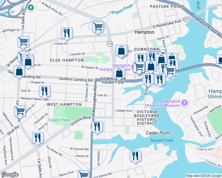 map of restaurants, bars, coffee shops, grocery stores, and more near 222 South Armistead Avenue in Hampton