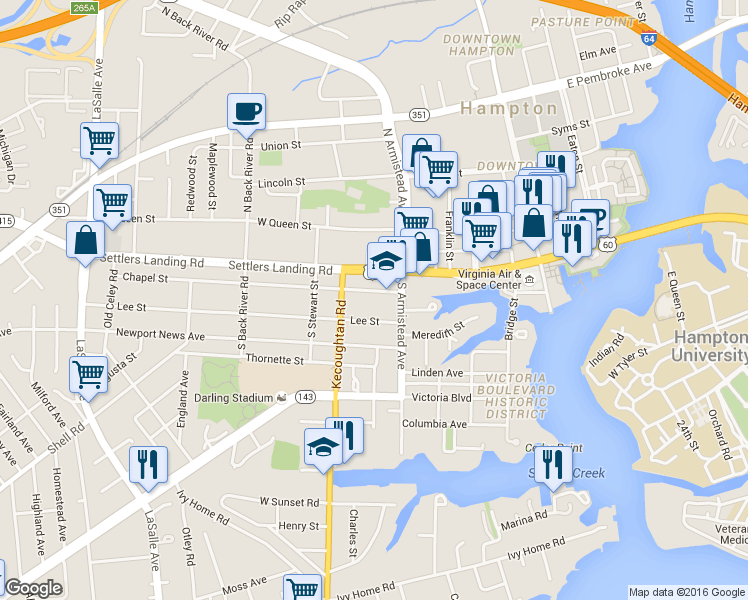 map of restaurants, bars, coffee shops, grocery stores, and more near 252 Lee Street in Hampton