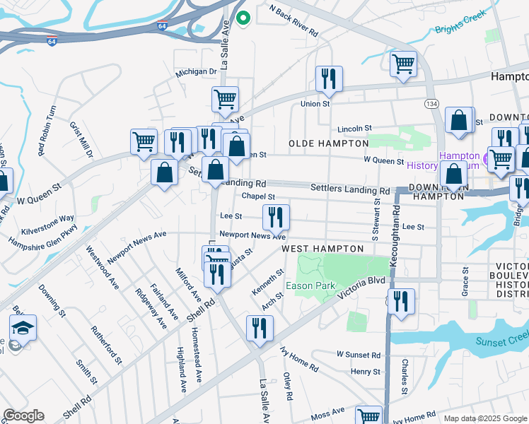 map of restaurants, bars, coffee shops, grocery stores, and more near 616 Lee Street in Hampton