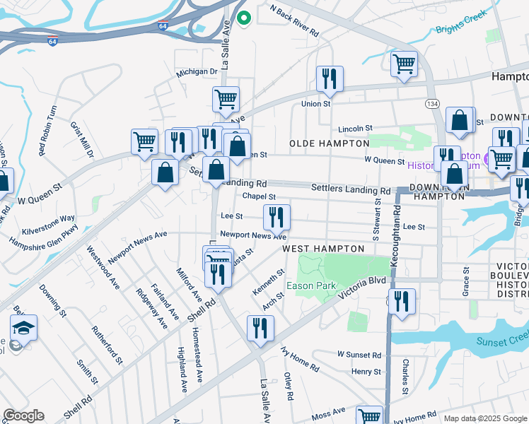 map of restaurants, bars, coffee shops, grocery stores, and more near 616 Lee Street in Hampton