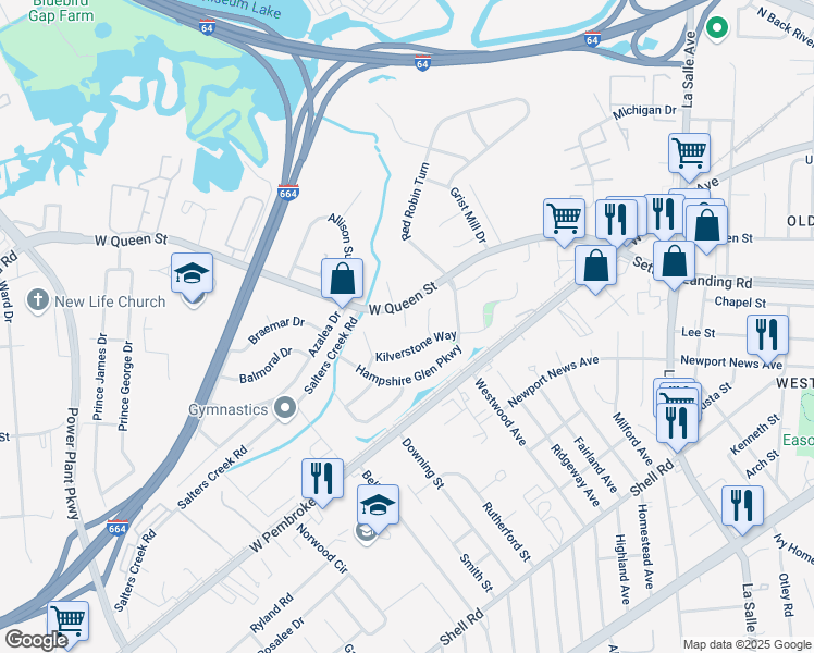 map of restaurants, bars, coffee shops, grocery stores, and more near 12 Kilverstone Way in Hampton