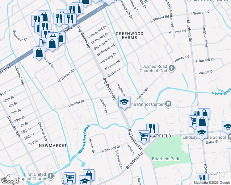 map of restaurants, bars, coffee shops, grocery stores, and more near 120 Big Bethel Road in Hampton