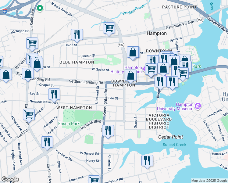 map of restaurants, bars, coffee shops, grocery stores, and more near 245 Chapel Street in Hampton
