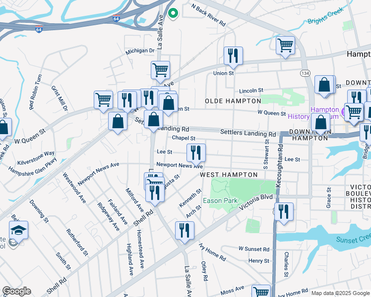 map of restaurants, bars, coffee shops, grocery stores, and more near 618 Lee Street in Hampton