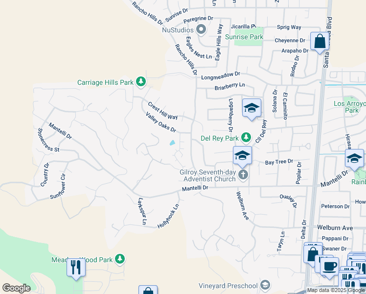 map of restaurants, bars, coffee shops, grocery stores, and more near 8940 Acorn Way in Gilroy