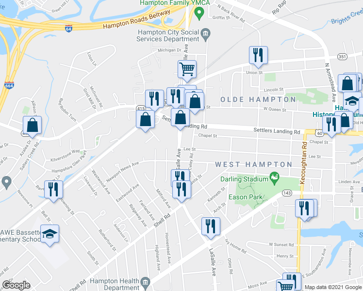map of restaurants, bars, coffee shops, grocery stores, and more near 708 Lee Street in Hampton