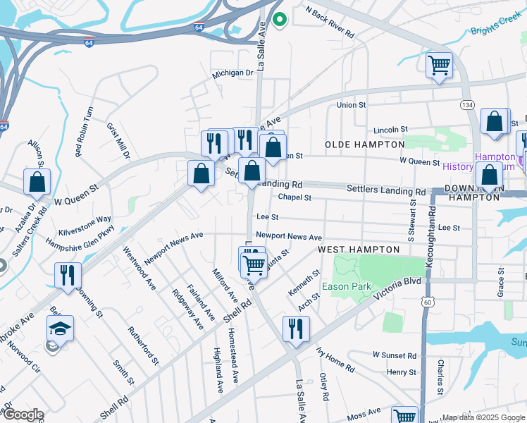 map of restaurants, bars, coffee shops, grocery stores, and more near 702 Lee Street in Hampton