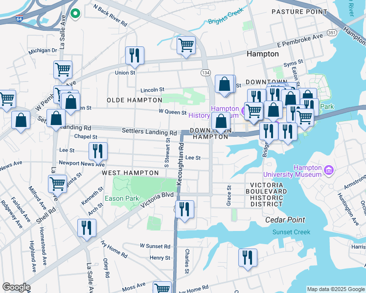 map of restaurants, bars, coffee shops, grocery stores, and more near 269 Chapel Street in Hampton