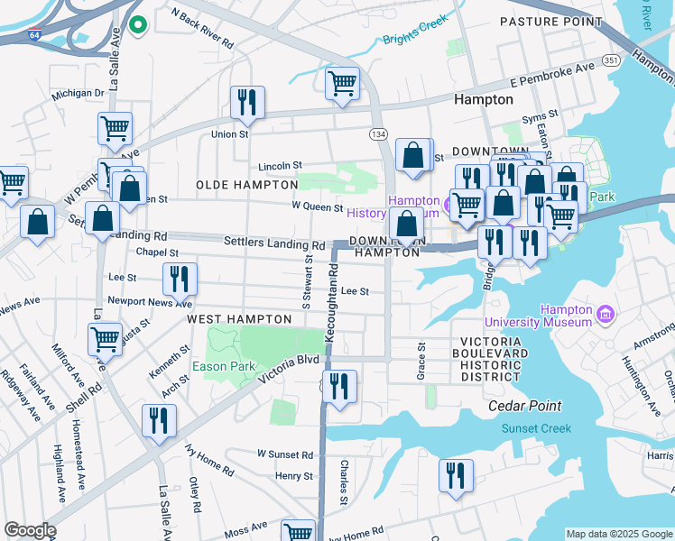 map of restaurants, bars, coffee shops, grocery stores, and more near 269 Chapel Street in Hampton