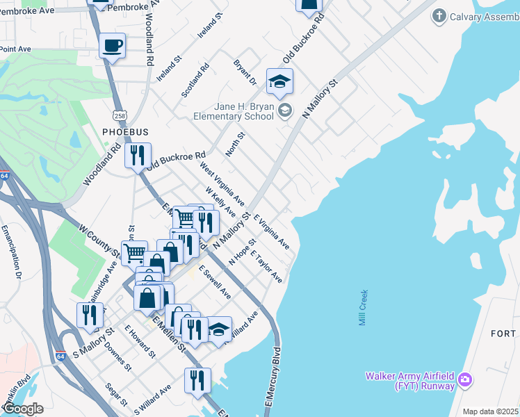 map of restaurants, bars, coffee shops, grocery stores, and more near 6 East Chamberlin Avenue East in Hampton