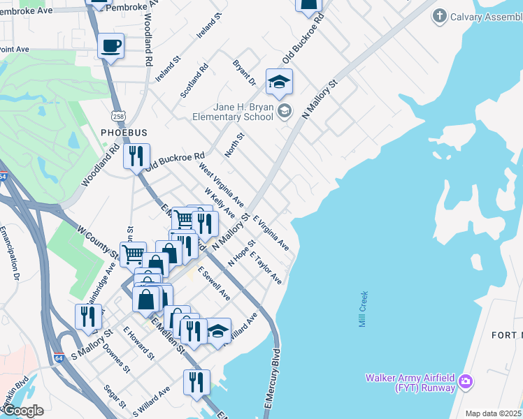 map of restaurants, bars, coffee shops, grocery stores, and more near 6 East Chamberlin Avenue East in Hampton