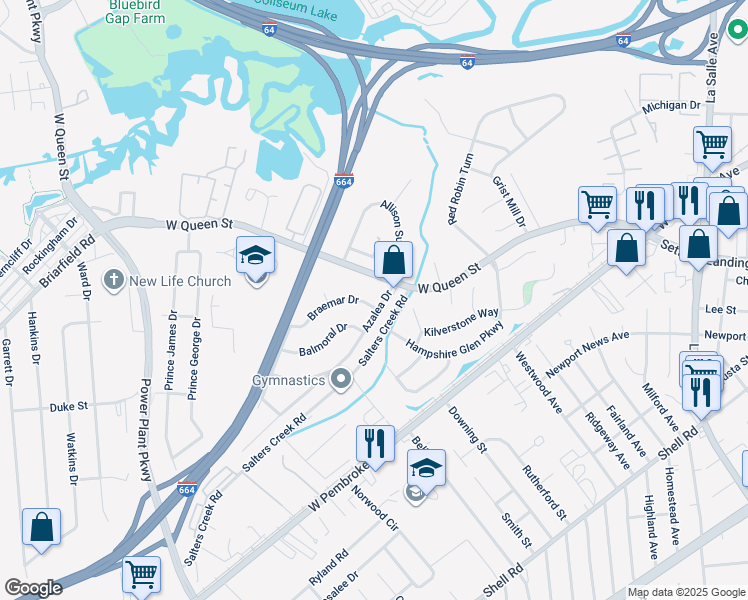 map of restaurants, bars, coffee shops, grocery stores, and more near 6 Azalea Drive in Hampton
