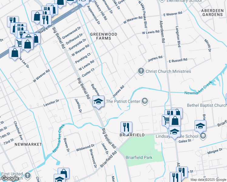 map of restaurants, bars, coffee shops, grocery stores, and more near 241 Eastfield Court in Hampton