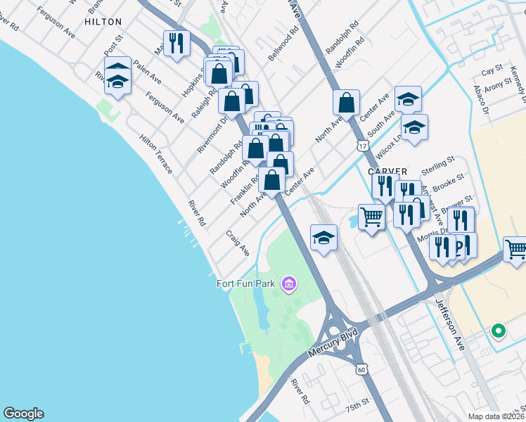 map of restaurants, bars, coffee shops, grocery stores, and more near 324 Center Avenue in Newport News
