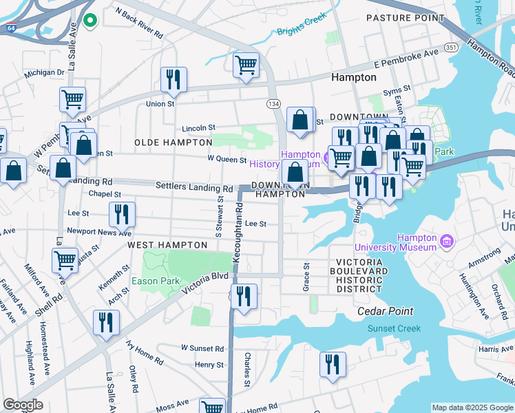 map of restaurants, bars, coffee shops, grocery stores, and more near 245 Chapel Street in Hampton