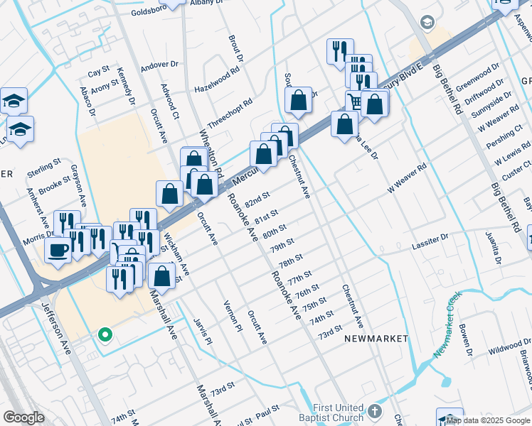 map of restaurants, bars, coffee shops, grocery stores, and more near 4822 81st Street in Newport News