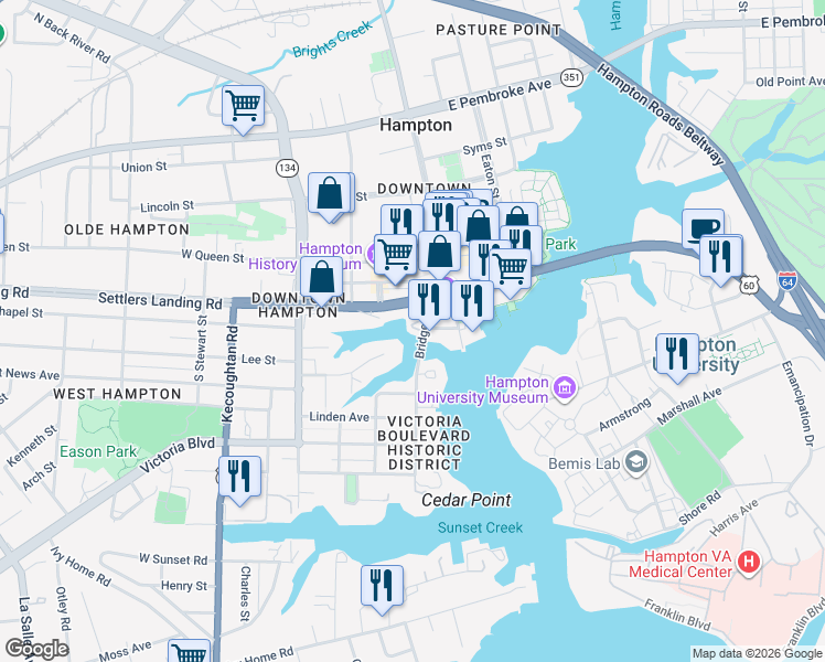 map of restaurants, bars, coffee shops, grocery stores, and more near 100 Bridge Street in Hampton