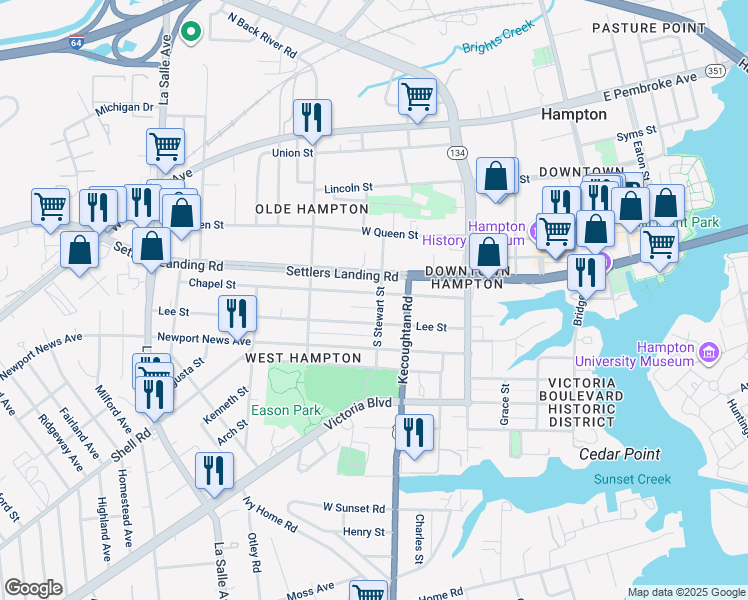 map of restaurants, bars, coffee shops, grocery stores, and more near 403 Chapel Street in Hampton
