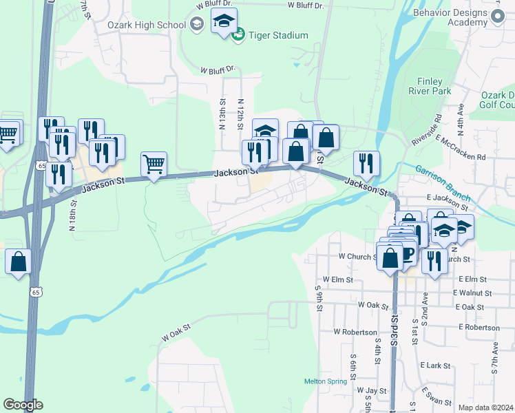 map of restaurants, bars, coffee shops, grocery stores, and more near 1185 West Hall Street in Ozark