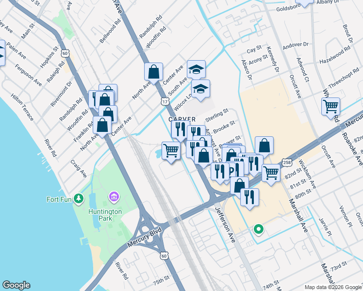 map of restaurants, bars, coffee shops, grocery stores, and more near 6139 Jefferson Avenue in Newport News