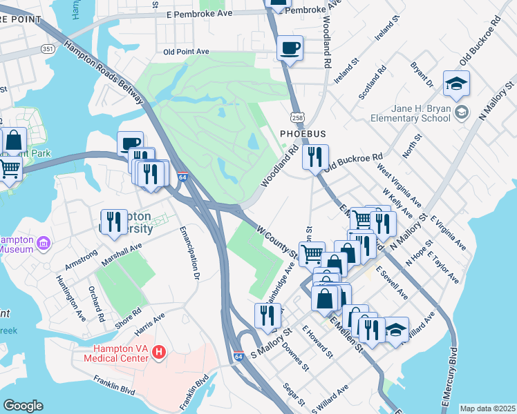 map of restaurants, bars, coffee shops, grocery stores, and more near 12 Woodland Road in Hampton