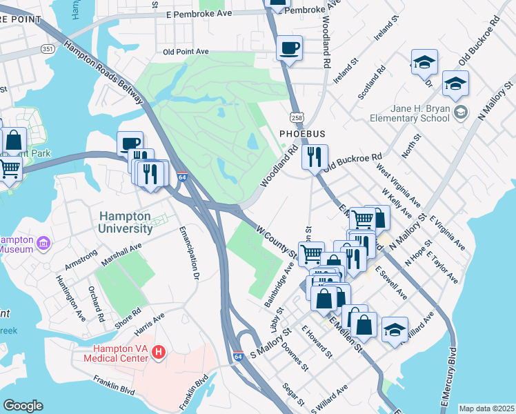 map of restaurants, bars, coffee shops, grocery stores, and more near 12 Woodland Road in Hampton