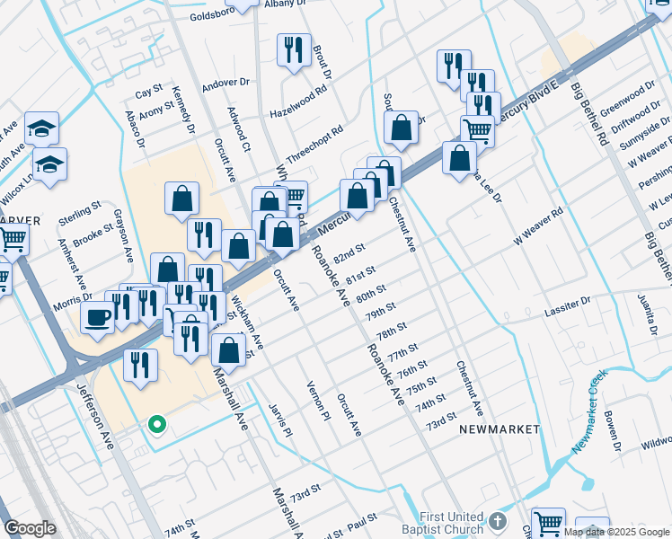 map of restaurants, bars, coffee shops, grocery stores, and more near 8100 Roanoke Avenue in Newport News