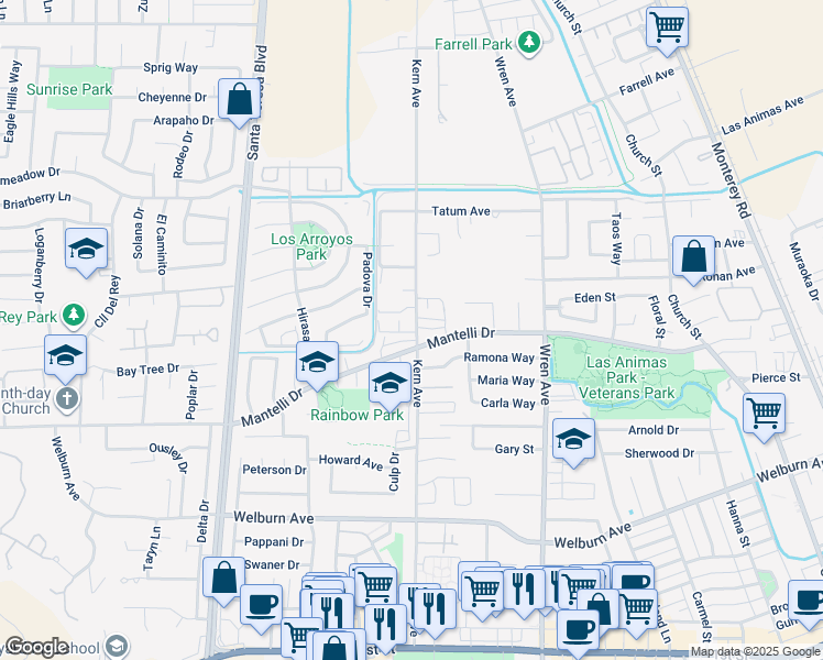 map of restaurants, bars, coffee shops, grocery stores, and more near 9015 Kern Avenue in Gilroy