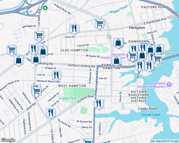 map of restaurants, bars, coffee shops, grocery stores, and more near 403 Chapel Street in Hampton