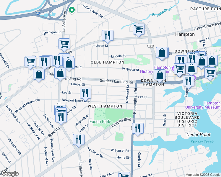 map of restaurants, bars, coffee shops, grocery stores, and more near 449 Chapel Street in Hampton