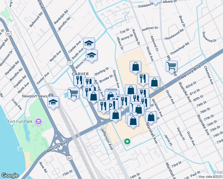 map of restaurants, bars, coffee shops, grocery stores, and more near 623 Morris Drive in Newport News
