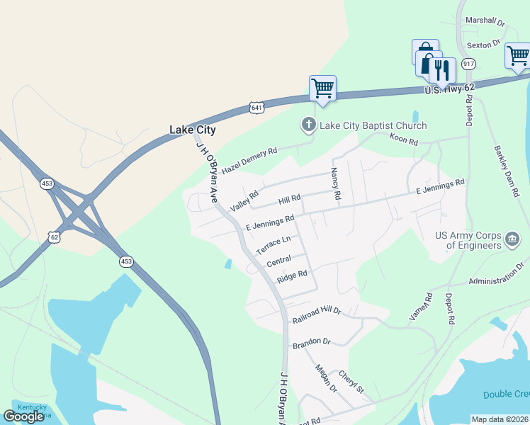 map of restaurants, bars, coffee shops, grocery stores, and more near East Jennings Road in Grand Rivers