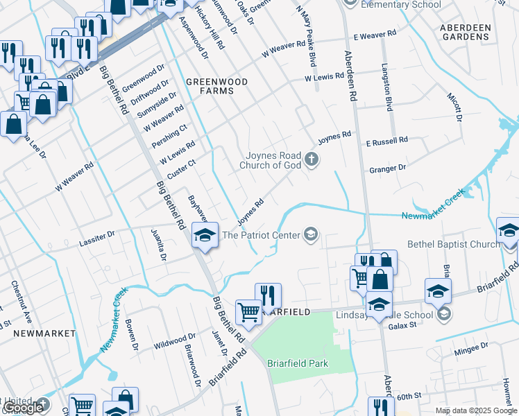map of restaurants, bars, coffee shops, grocery stores, and more near 75 Joynes Road in Hampton